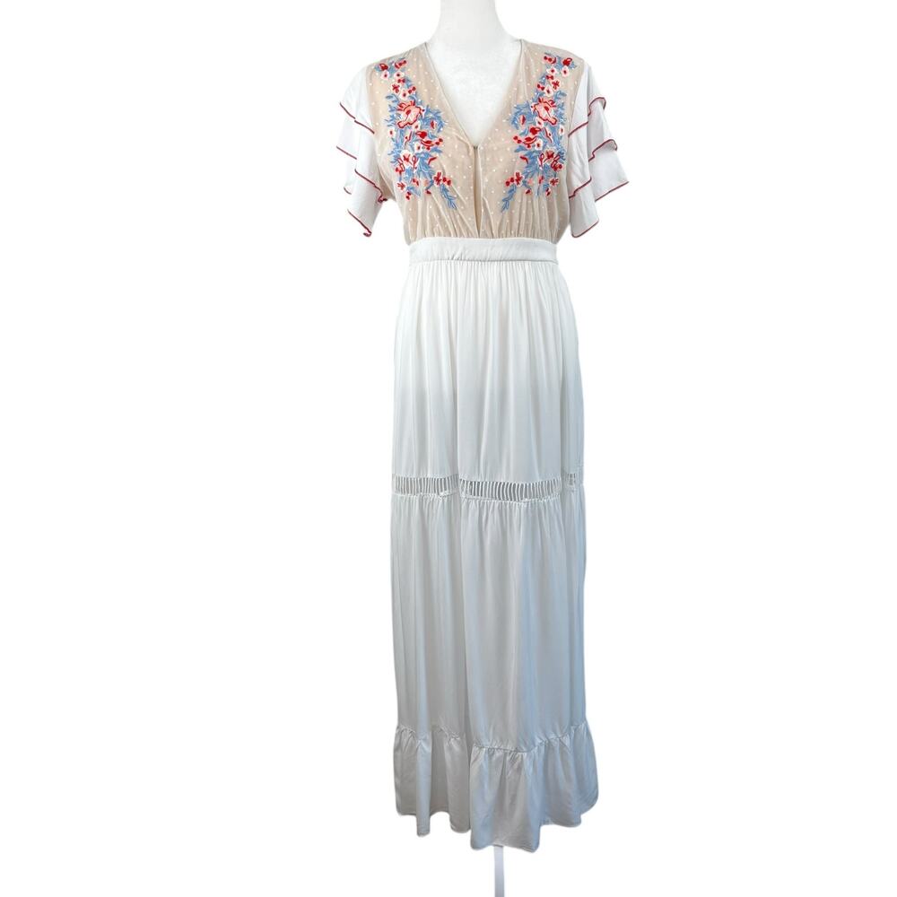 White Lace Floral Embroidered Plunge Ruffle Sleeve Boho Cottage Maxi Dress S New - Picture 3 of 16